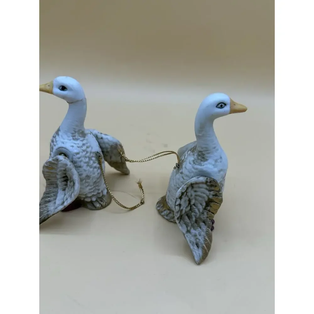 Vintage Goose Christmas Ornaments Pair Porcelain Ceramic Winged Birds Repair